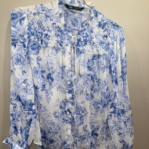 Zara Blue Ruffled Mandarin Collar Blouse